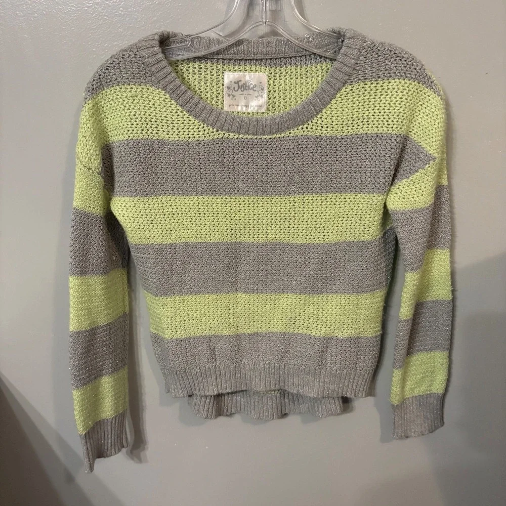 Justice Lime Green & Grey Striped Sparkle‎ Knit Pullover Sweater (Girls 10)